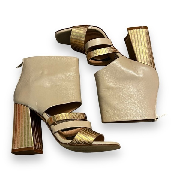 Giampaolo Viozzi Strappy Shootie Sandals High Chunk Heel Taupe Gold  EU37/US 7 - Picture 7 of 12